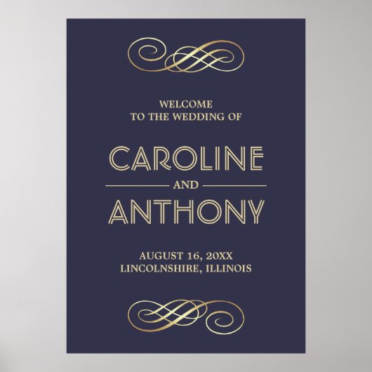 ネイビエレガントーブルー |金ゴールド結婚のウェルカムサイン ポスター (正面)