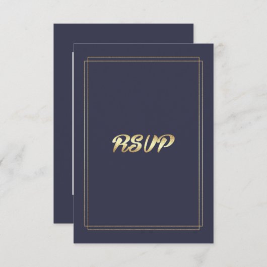 ネイビエレガントーブルー |金ゴールド結婚ー 出欠カード (正面/裏面)