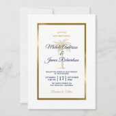 ネイビエレガントーホワイト金ゴールドパームモダンツリ結婚ーズ 招待状 (正面)