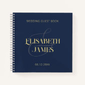 ネイビエレガントーミニマルブルー金ゴールド結婚ズゲストブック ノートブック (正面)