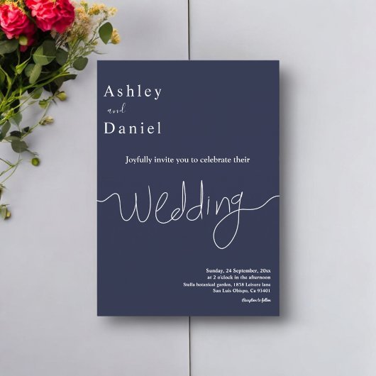 ネイビエレガントーミニマル・ブルーモダンホワイト結婚ズ 招待状
