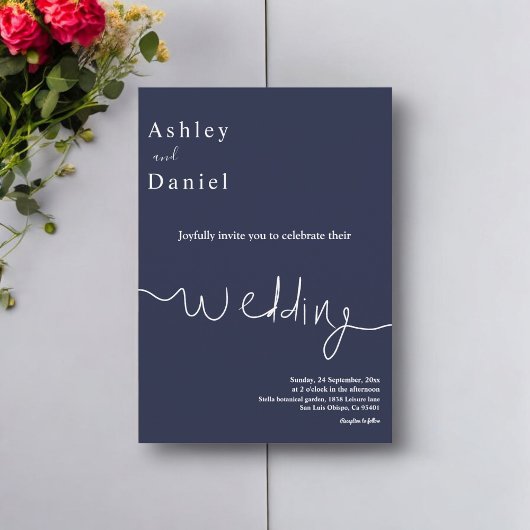 ネイビエレガントーミニマル・ブルー・ホワイト・デリケート結婚ズ 招待状