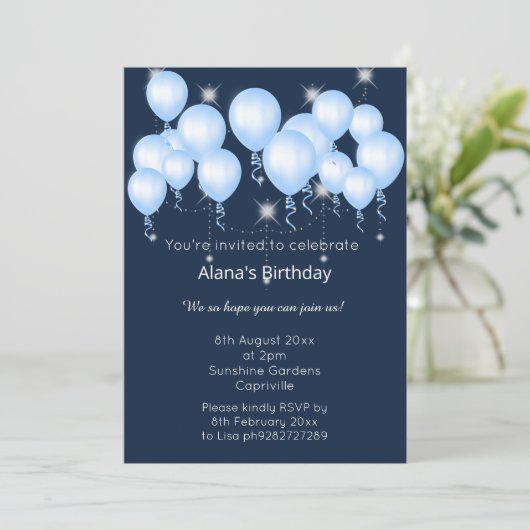 ネイビエレガントーモダンバルーン誕生日 招待状 (スタンド正面)