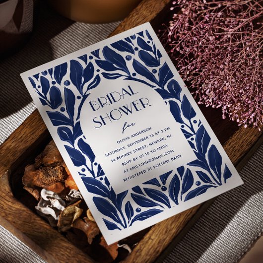 ネイビエレガントーモダンブルーフローラブライダルシャワー 招待状