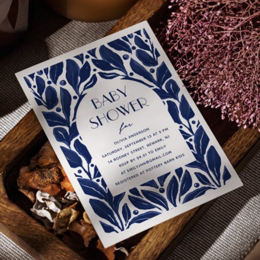 ネイビエレガントーモダンブルーフローラ油ベビーシャワー 招待状