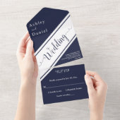 ネイビエレガントーモダンブルーホワイトクラスシック結婚ズ オールインワン招待状 (貼ってはがせる)