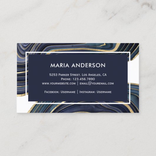 ネイビエレガントーモダンブルー金ゴールドアゲートジェードジェームストーン 名刺 (裏面)