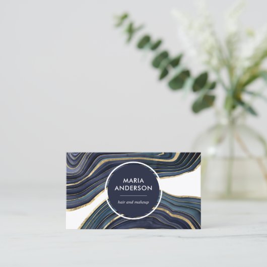 ネイビエレガントーモダンブルー金ゴールドアゲートジェードジェームストーン 名刺 (スタンド正面)