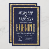 ネイビエレガントーモダンブルー金ゴールドシークイン披露宴 招待状 (正面/裏面)