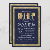 ネイビエレガントーモダンブルー金ゴールドシークイン誕生日 招待状 (正面/裏面)