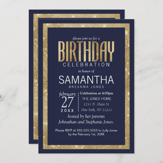 ネイビエレガントーモダンブルー金ゴールドシークイン誕生日 招待状 (正面/裏面)