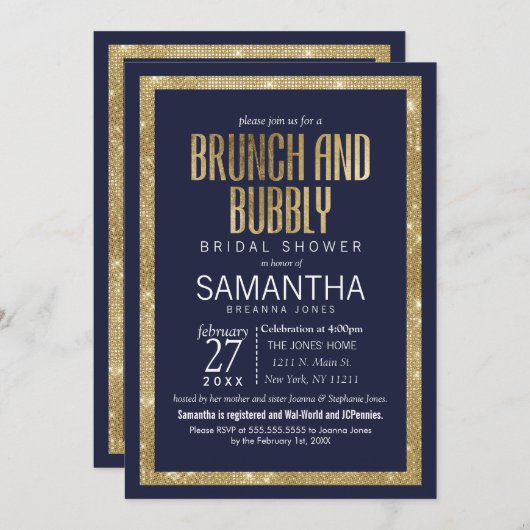 ネイビエレガントーモダンブルー金ゴールドセクインブランチバブリー 招待状 (正面/裏面)