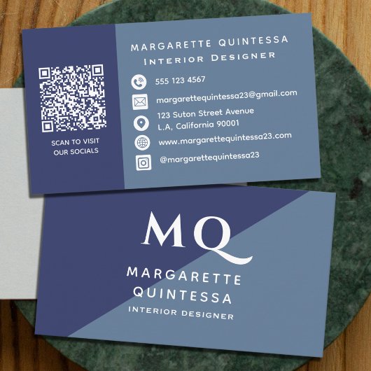 ネイビエレガントーモダンブルー&ホワイトモノグラムQrコード 名刺