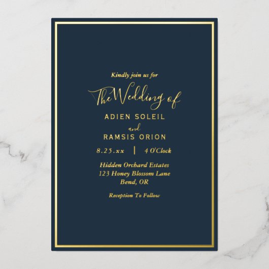 ネイビエレガントーモダン金ゴールド結婚フォイル招待状 箔招待状 (正面)