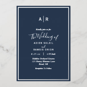 ネイビエレガントーモダン・シルバー・モノグラム結婚ズ 箔招待状