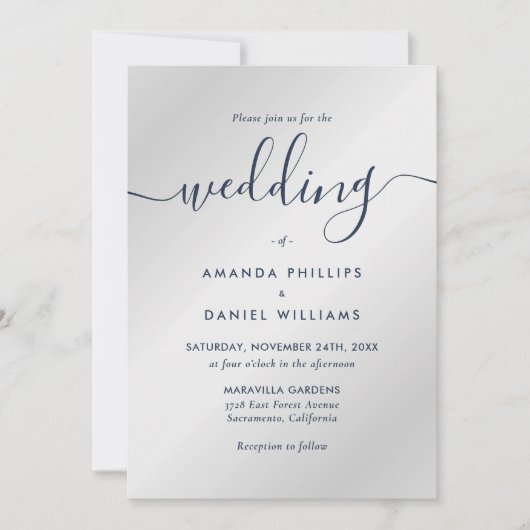 ネイビエレガントーモダン・ブルーとシルバーフォト結婚ズ 招待状 (正面)