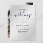 ネイビエレガントーモダン・ブルーとシルバーフォト結婚ズ 招待状 (正面/裏面)