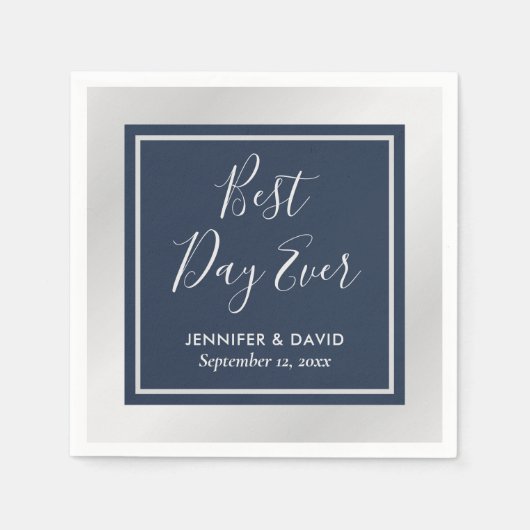 ネイビエレガントーモダン・ブルーとシルバー結婚ズ スタンダードカクテルナプキン (正面)