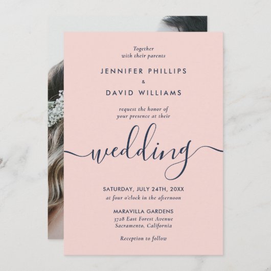 ネイビエレガントーモダン・ブルーと赤面写真結婚の 招待状 (正面/裏面)