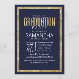 ネイビエレガントーモダン・ブルー・金ゴールド・セクイン卒業 招待状