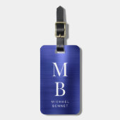ネイビエレガントーモノグラムのブルーブラシ仕上げメタリック ラゲッジタグ (正面縦)