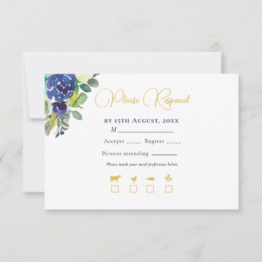 ネイビエレガントー水色バライエロー金ゴールド結婚 出欠カード (正面)