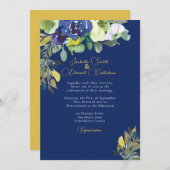 ネイビエレガントー水色フローラダークブルー結婚ズ 招待状 (正面/裏面)