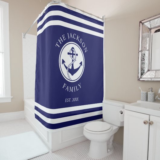 ネイビエレガントー航海のブルーいかりファミリー名 シャワーカーテン (インサイチュ)