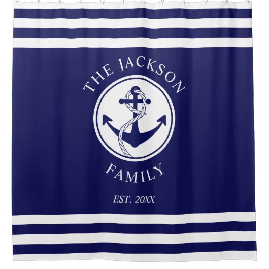 ネイビエレガントー航海のブルーいかりファミリー名 シャワーカーテン (正面)