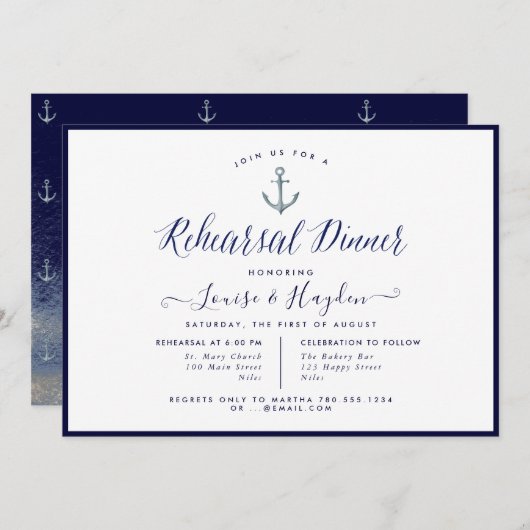 ネイビエレガントー航海のブルーいかりリハーサルディナー 招待状 (正面/裏面)