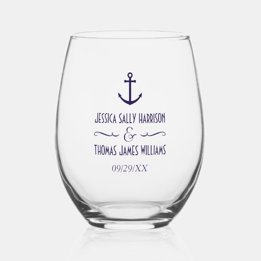 ネイビエレガントー航海のブルーいかり結婚ズ ステムなしワイングラス (正面)