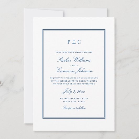 ネイビエレガントー航海のブルーいかり結婚ズ 招待状 (正面)