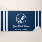 ネイビエレガントー航海のブルーカスタムボート名 ビーチタオル (正面)