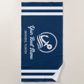 ネイビエレガントー航海のブルーカスタムボート名 ビーチタオル (正面)