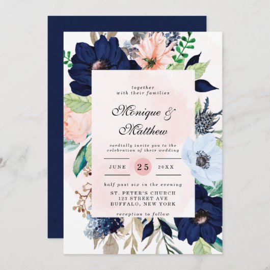 ネイビエレガントー赤面ピンク花模様結婚式招待状 招待状 (正面/裏面)