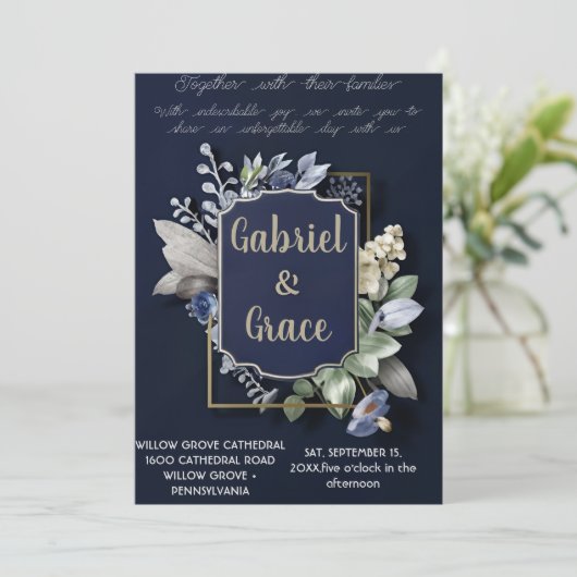 ネイビエレガントー金ゴールドクラシック結婚式招待状 招待状 (スタンド正面)