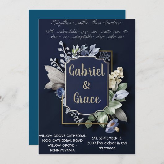 ネイビエレガントー金ゴールドクラシック結婚式招待状 招待状 (正面/裏面)