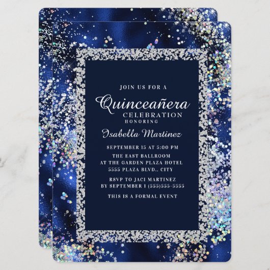 ネイビエレガントー金ゴールドシルバーグリッターキンセアニラ 招待状 (正面/裏面)