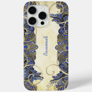 ネイビエレガントー金ゴールドスワールヴィンテージペイズリー孔雀 iPhone 15 PRO MAXケース