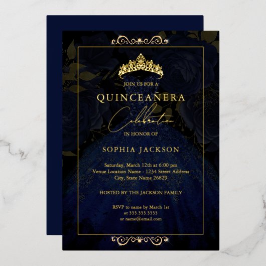 ネイビエレガントー金ゴールドバラドレスキンセアニェラ 箔招待状 (正面/裏面)