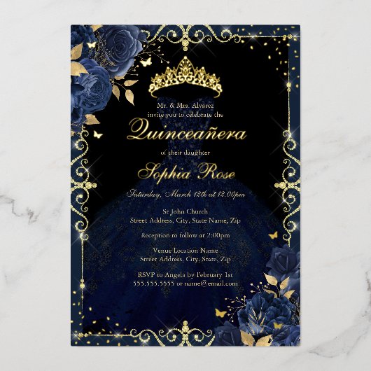 ネイビエレガントー金ゴールドバラドレスキンセアニェラ 箔招待状 (正面)