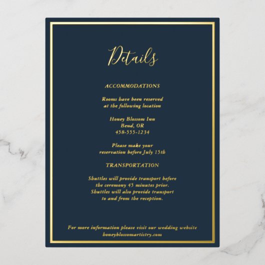 ネイビエレガントー金ゴールドモダン詳細エンクロージャカード 箔招待状ポストカード (正面)