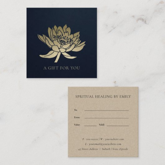 ネイビエレガントー金ゴールドロータスフローラギフト券 スクエア名刺 (正面/裏面)