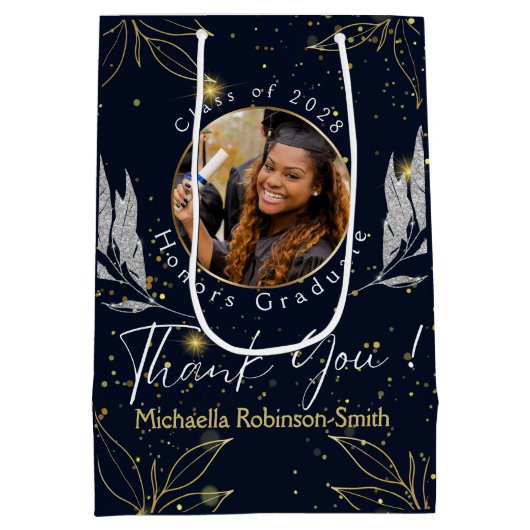 ネイビエレガントー金ゴールド卒業式 ミディアムペーパーバッグ (裏面)