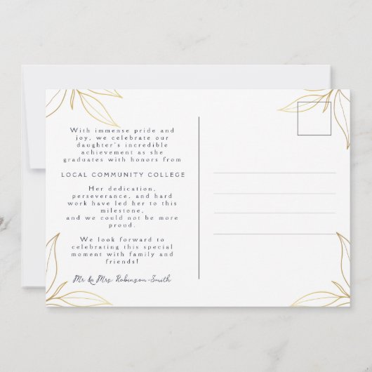ネイビエレガントー金ゴールド卒業発表はがき 招待状 (裏面)