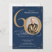 ネイビエレガントー金ゴールド書道写真第60誕生日 招待状 (正面)