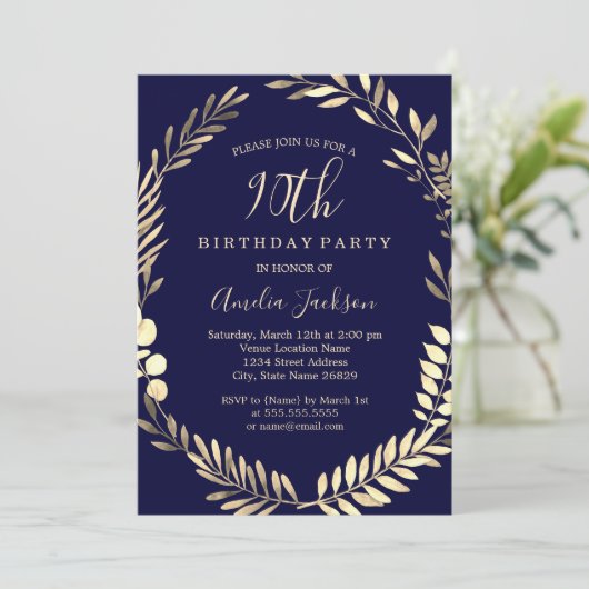 ネイビエレガントー金ゴールド水彩リース90誕生日 招待状 (スタンド正面)