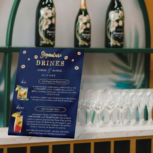 ネイビエレガントー金ゴールド結婚のフローラシグネチャードリンク 台座サイン