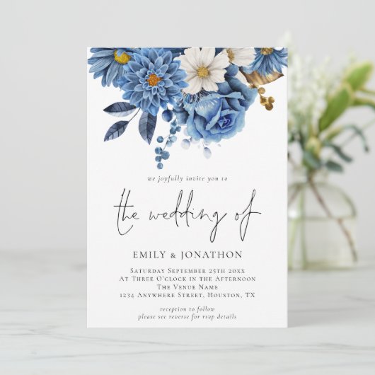 ネイビエレガントー金ゴールド花模様QRコード結婚 招待状 (スタンド正面)