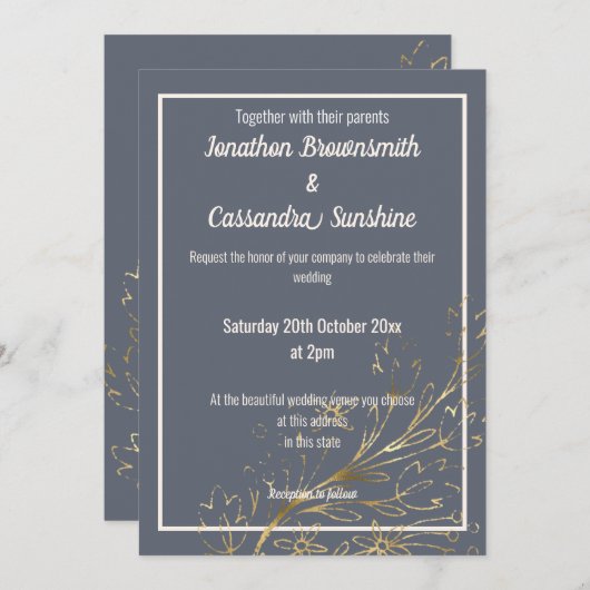 ネイビエレガントー金ゴールド赤面結婚リーフ 招待状 (正面/裏面)